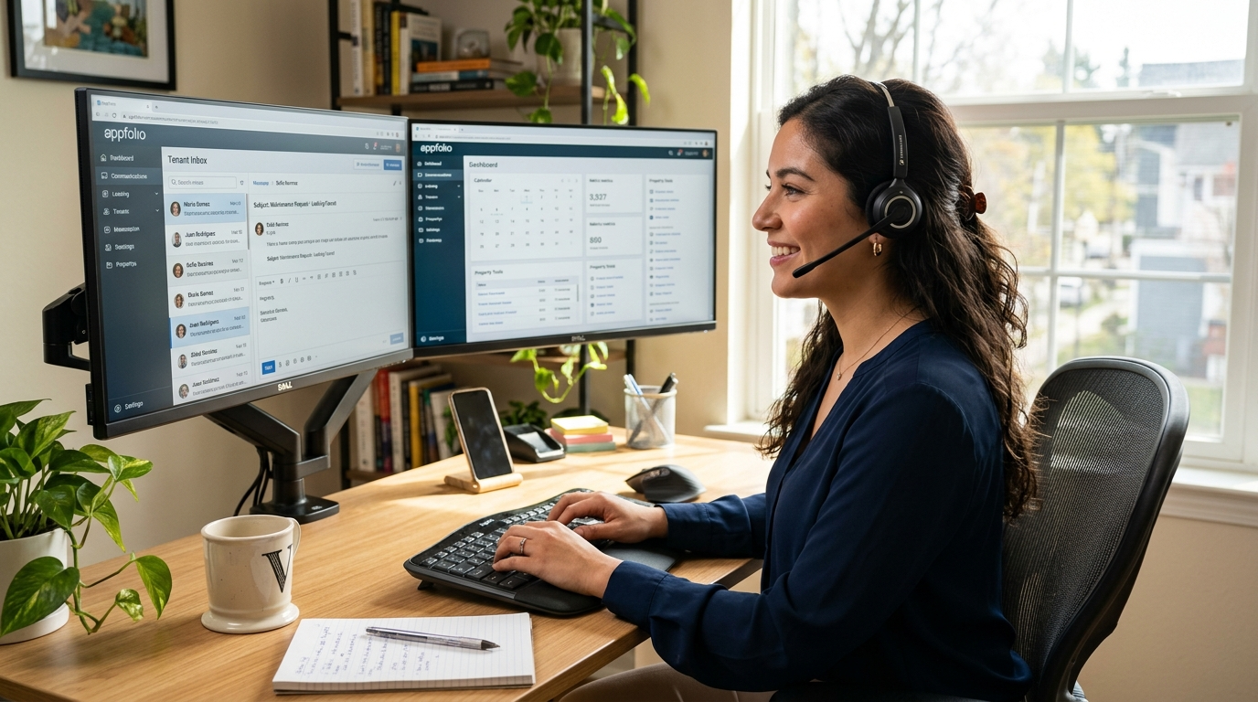 Nearshore virtual assistant managing tenant communication inside AppFolio on dual monitors at a Latin American home office