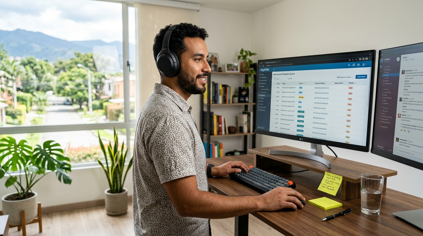 Virtual assistant reviewing AppFolio maintenance request queue for tenant communication management at a Latin American home office