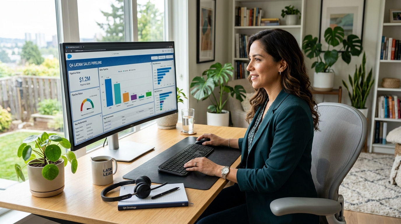 Latin American nearshore SDR reviewing outsourced sales pipeline ROI metrics on a monitor in a modern home office