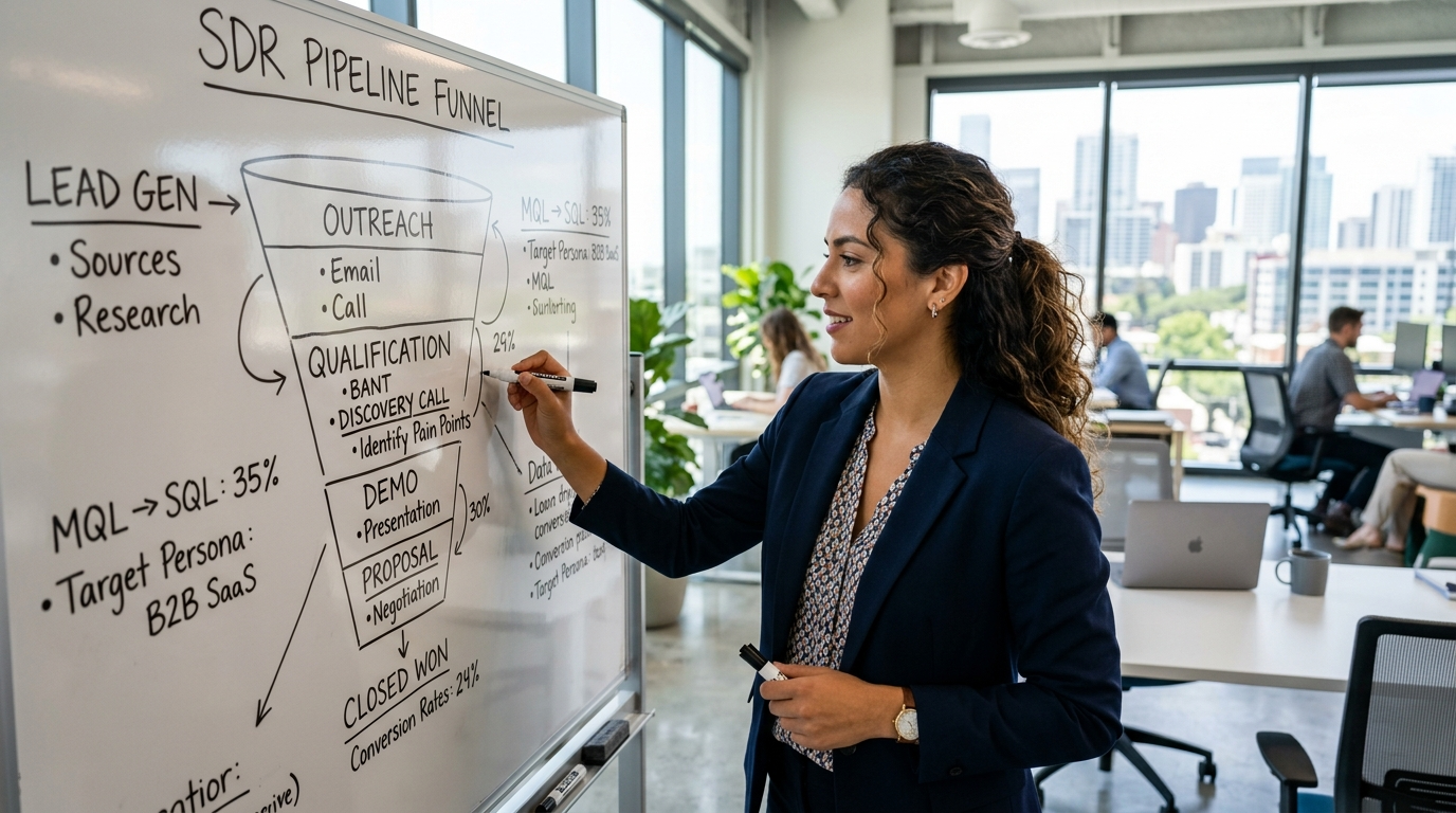 Nearshore SDR mapping outsourced sales pipeline ROI funnel on a whiteboard in a Latin American office
