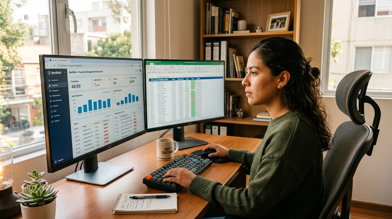 Nearshore virtual assistant onboarding in 2026 — Latin American VA reviewing property management dashboard on dual monitors