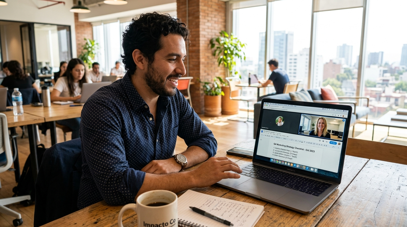 Nearshore VA and US business owner running a first-day onboarding video call with a shared task checklist on screen