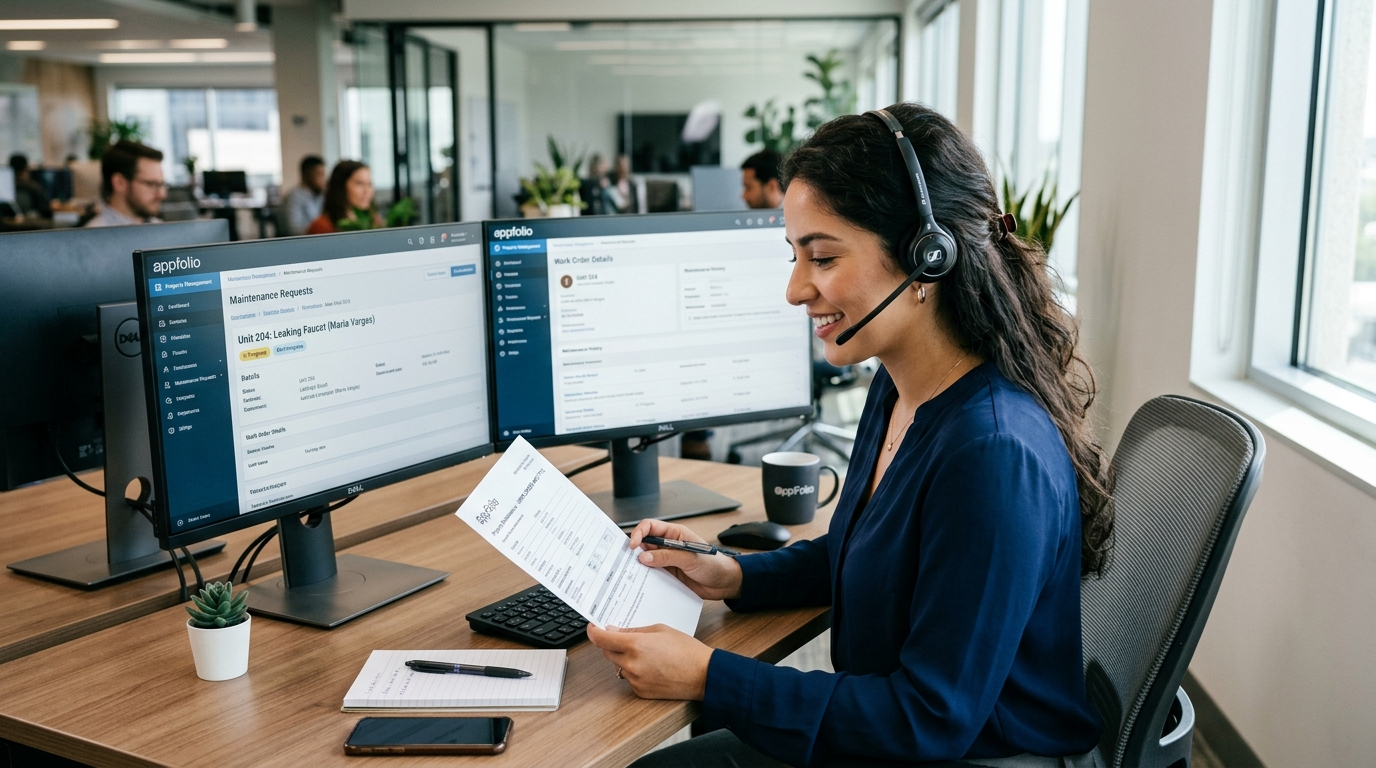Nearshore property management VA reviewing an AppFolio work order on dual monitors during onboarding in a Latin American home office