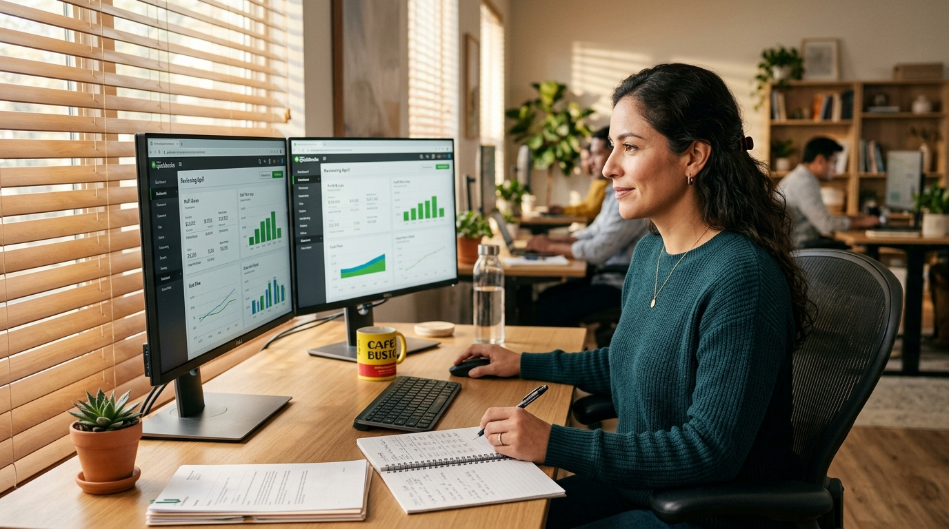 Nearshore virtual bookkeeper reviewing a QuickBooks accounting dashboard on dual monitors during onboarding in 2026