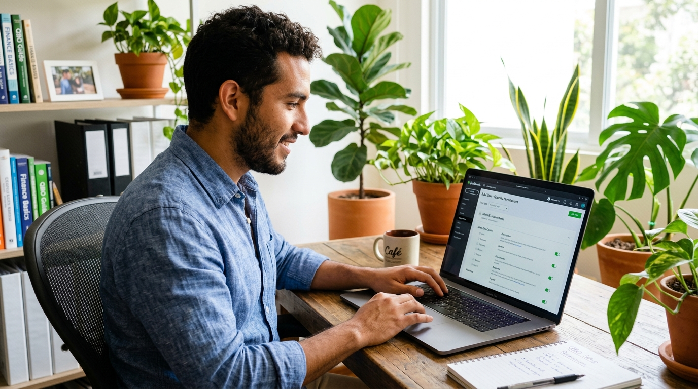 Virtual bookkeeper configuring QuickBooks Online role-based permissions during accounting system onboarding in 2026