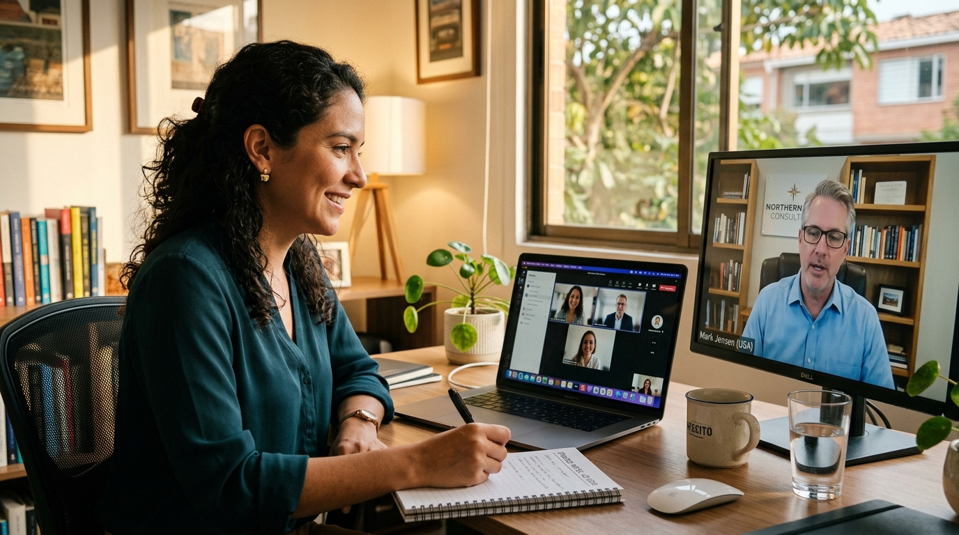 Nearshore virtual bookkeeper on a weekly sync call reviewing accounts payable aging report with US client during 30-day onboarding