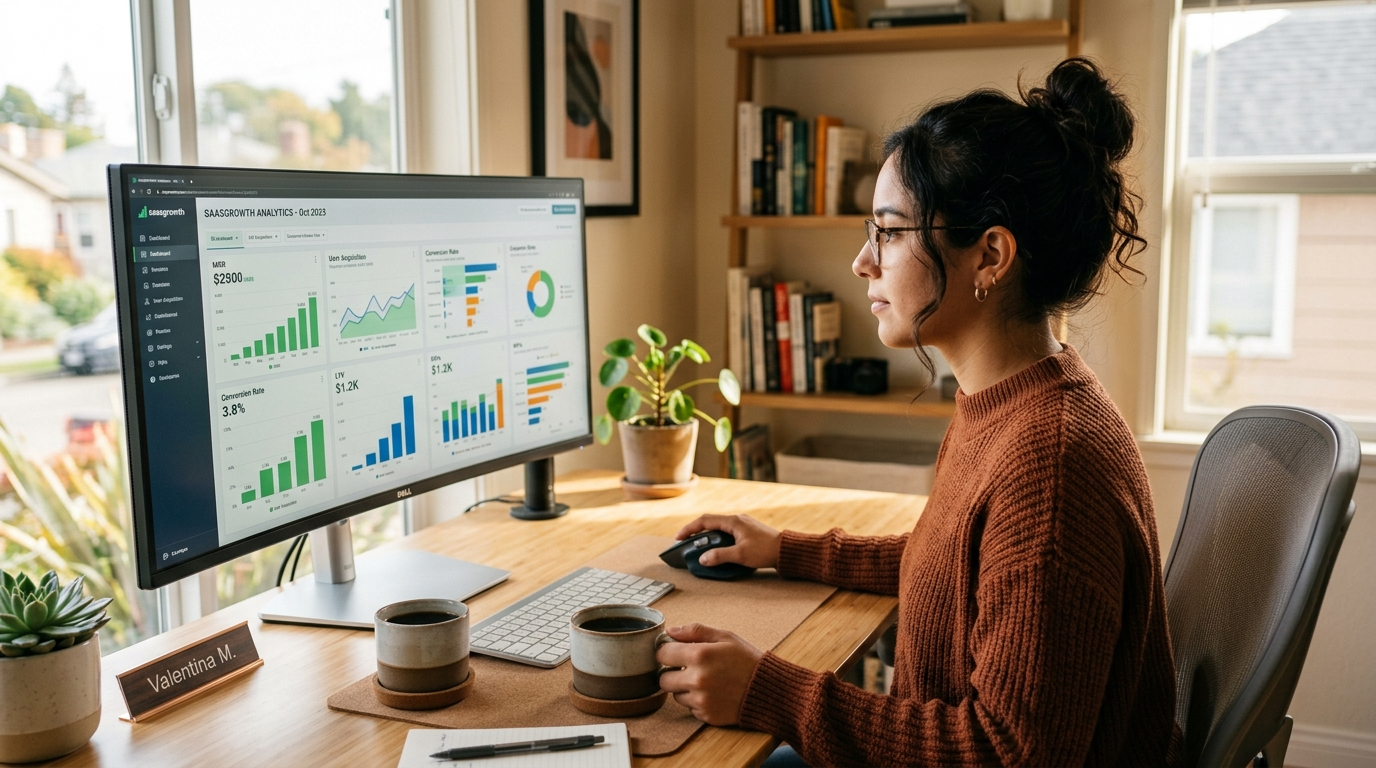 Nearshore virtual marketing assistant for SaaS reviewing campaign dashboard on monitor in a bright Latin American home office