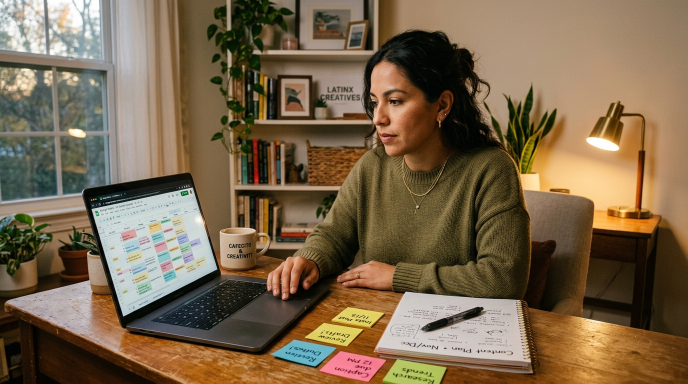 Virtual marketing assistant for SaaS reviewing a content calendar and campaign plan during onboarding week two
