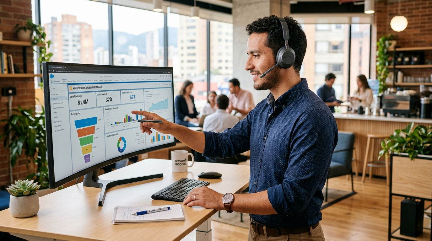 Nearshore outsourced SDR reviewing CRM pipeline on ultrawide monitor during 30-day onboarding, Latin American co-working space