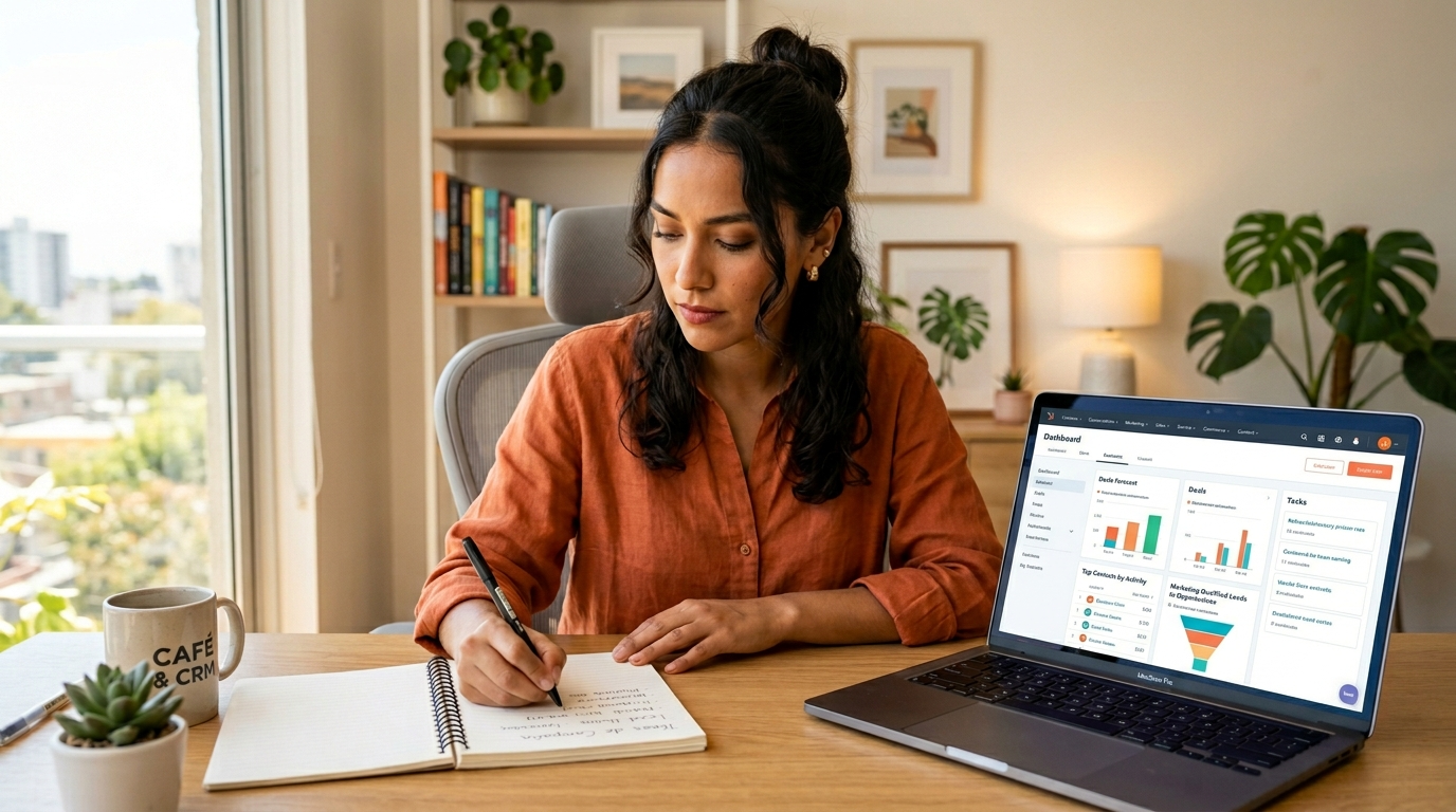 Nearshore outsourced SDR taking notes during onboarding week one, HubSpot CRM visible on laptop screen