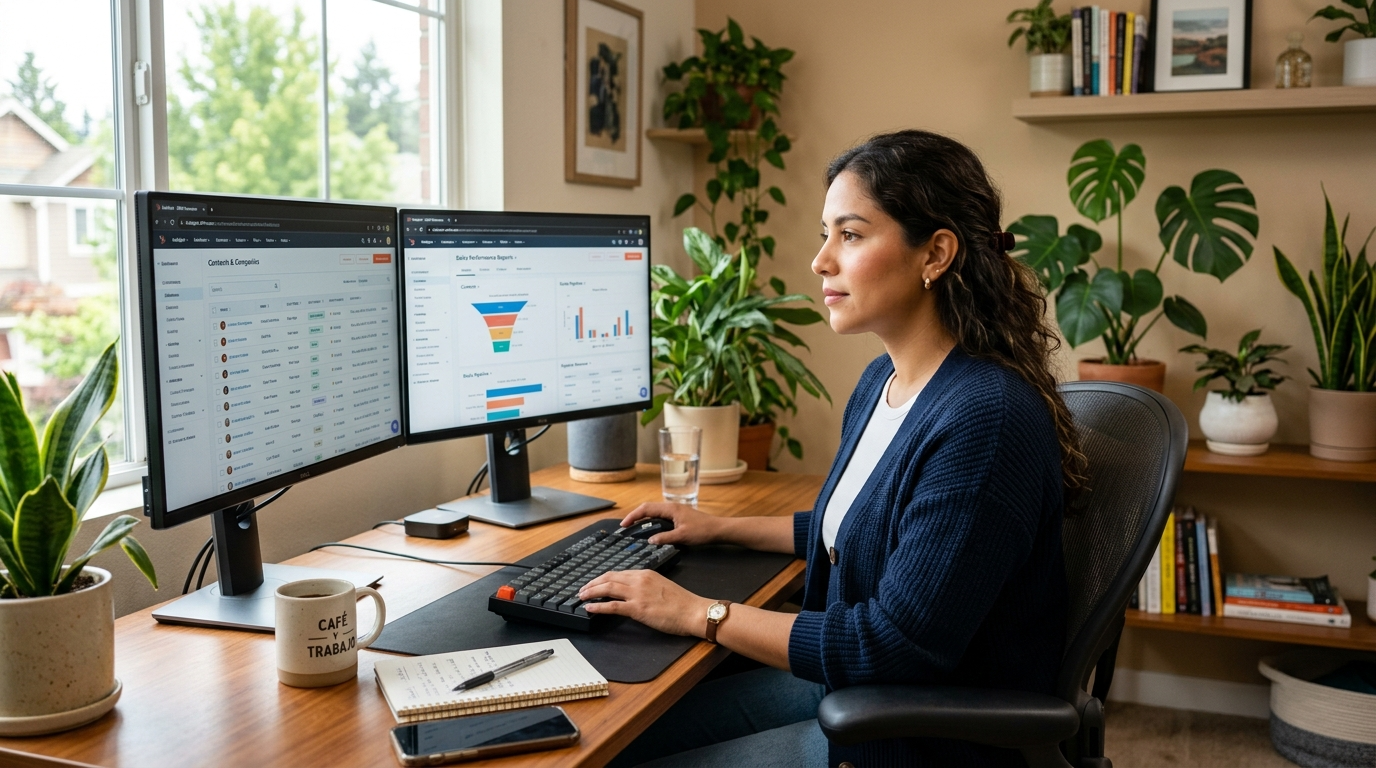 Nearshore HubSpot virtual admin managing a CRM pipeline on dual monitors at a bright Latin American home office in 2026