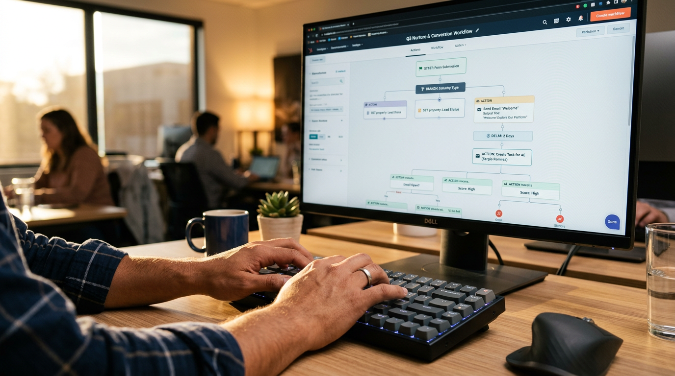 HubSpot virtual admin building a workflow automation inside HubSpot CRM portal in 2026