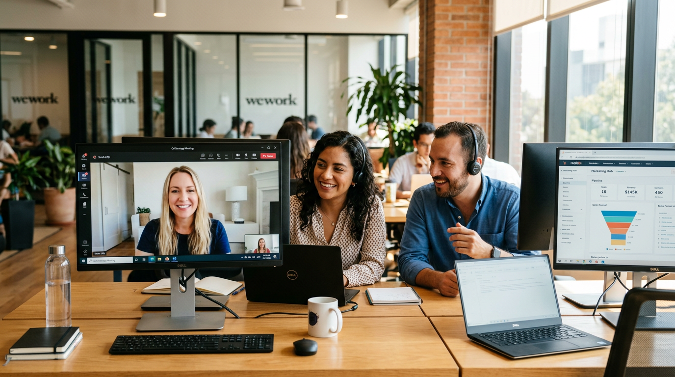 Nearshore HubSpot virtual admin team collaborating with US-based marketing manager via video call in 2026