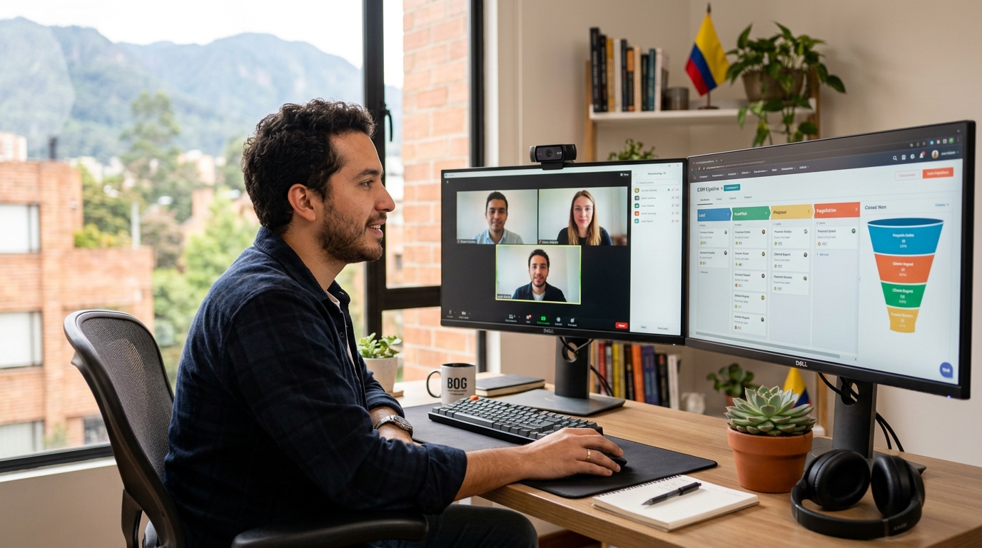 Nearshore outsourced SDR in Latin America on a sales discovery call, CRM pipeline visible on dual monitors, natural office light