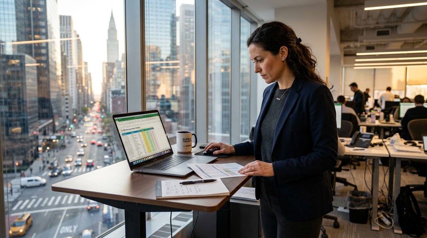 US sales manager reviewing in-house SDR compensation costs on laptop, office environment, cost breakdown visible on screen