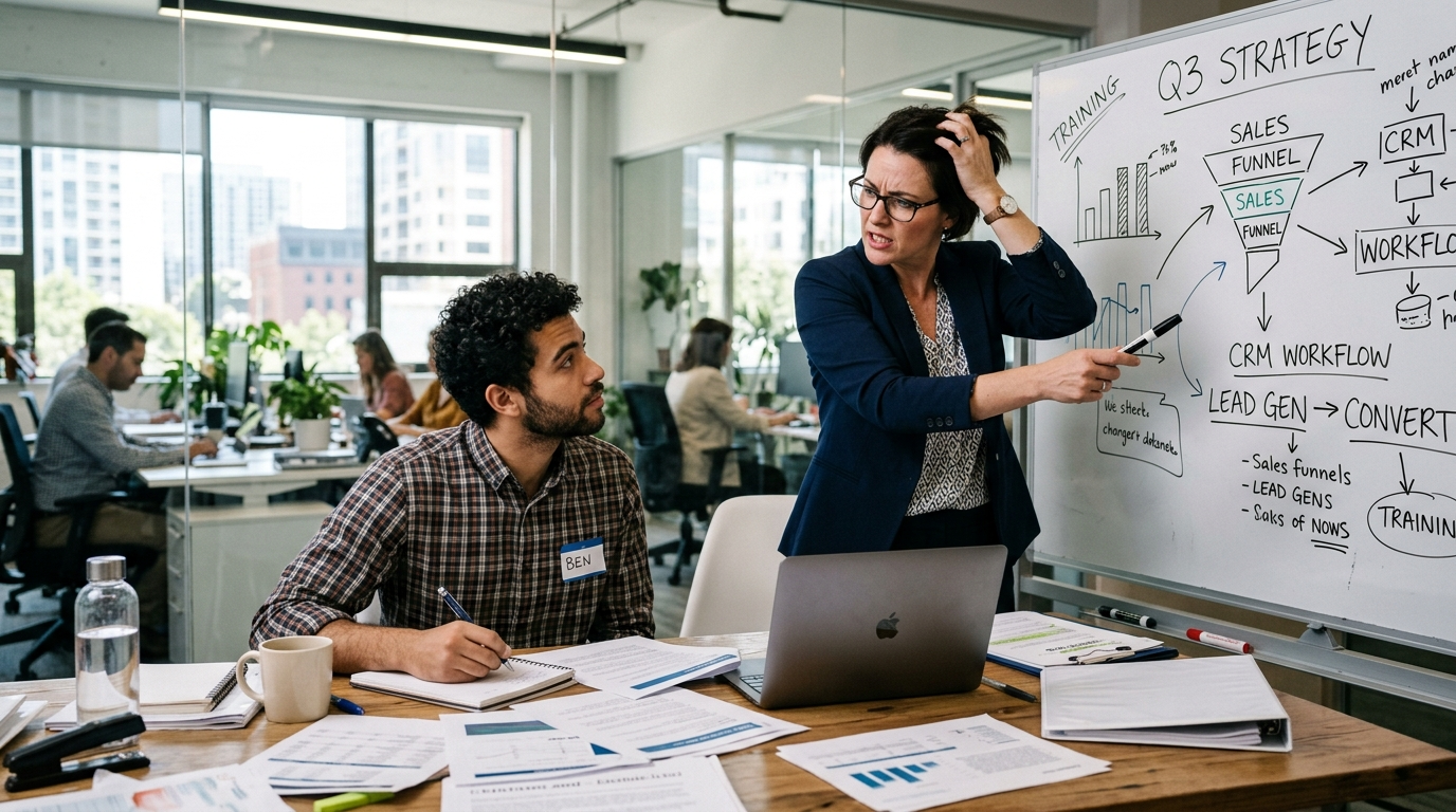 Small business owner spending hours on in-house training for a new assistant hire, 2026 productivity cost illustration