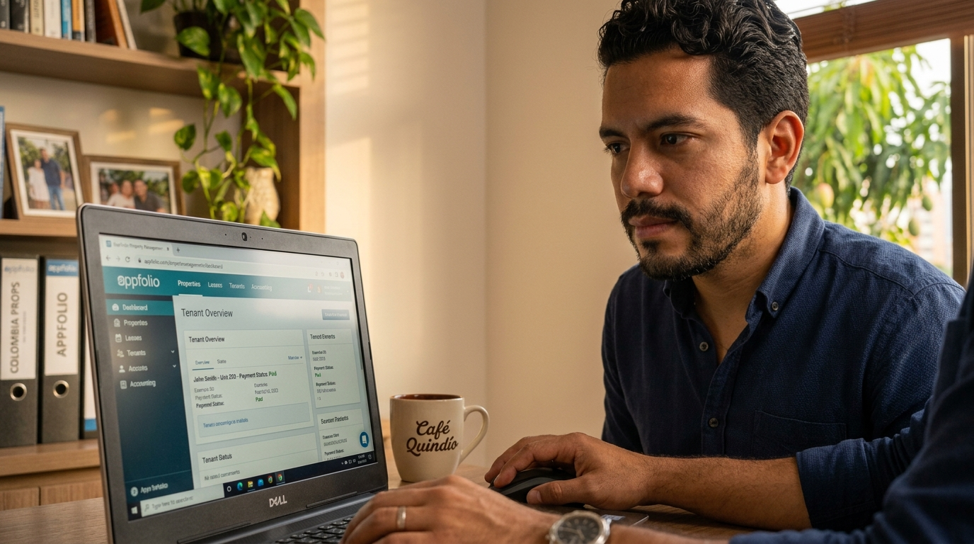 Pre-trained nearshore VA in Latin America using AppFolio property management software at a home office, 2026