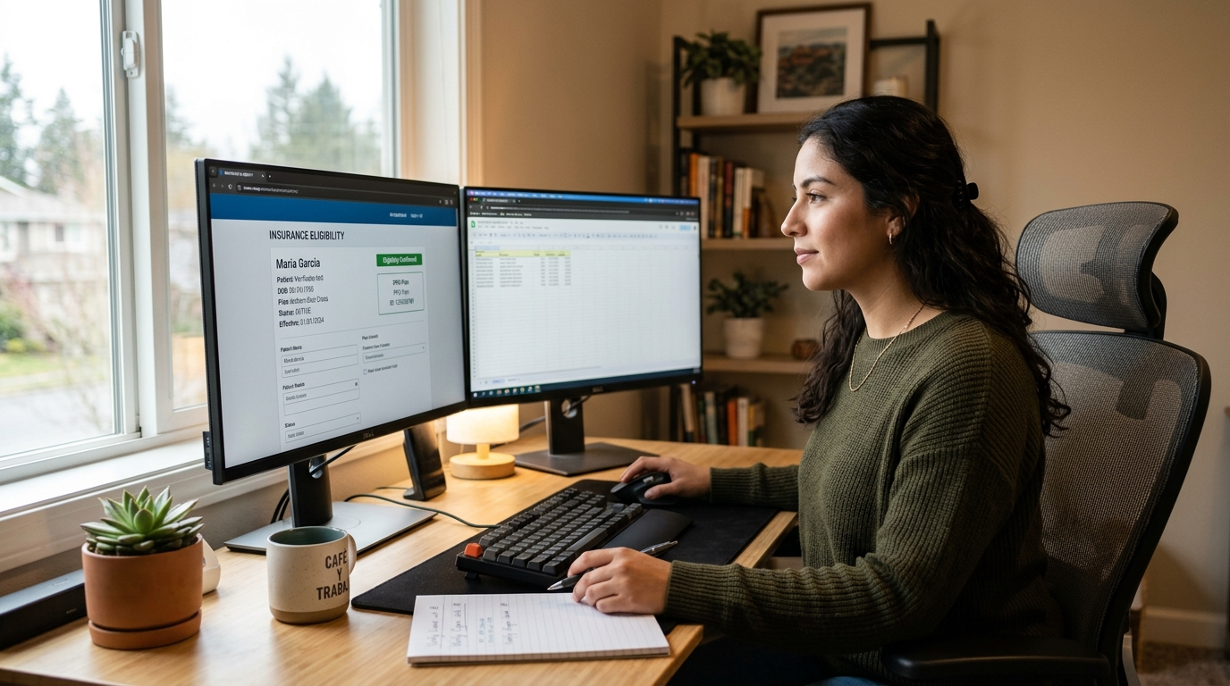 Nearshore insurance verification virtual assistant reviewing patient eligibility on dual monitors in a modern Latin American home office