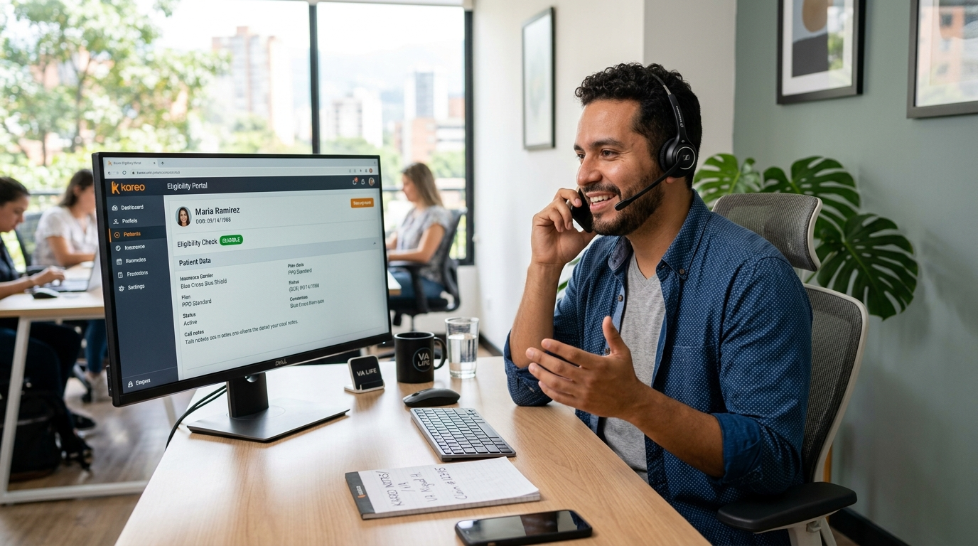 Insurance verification virtual assistant on headset confirming patient eligibility in Kareo portal, Latin American home office