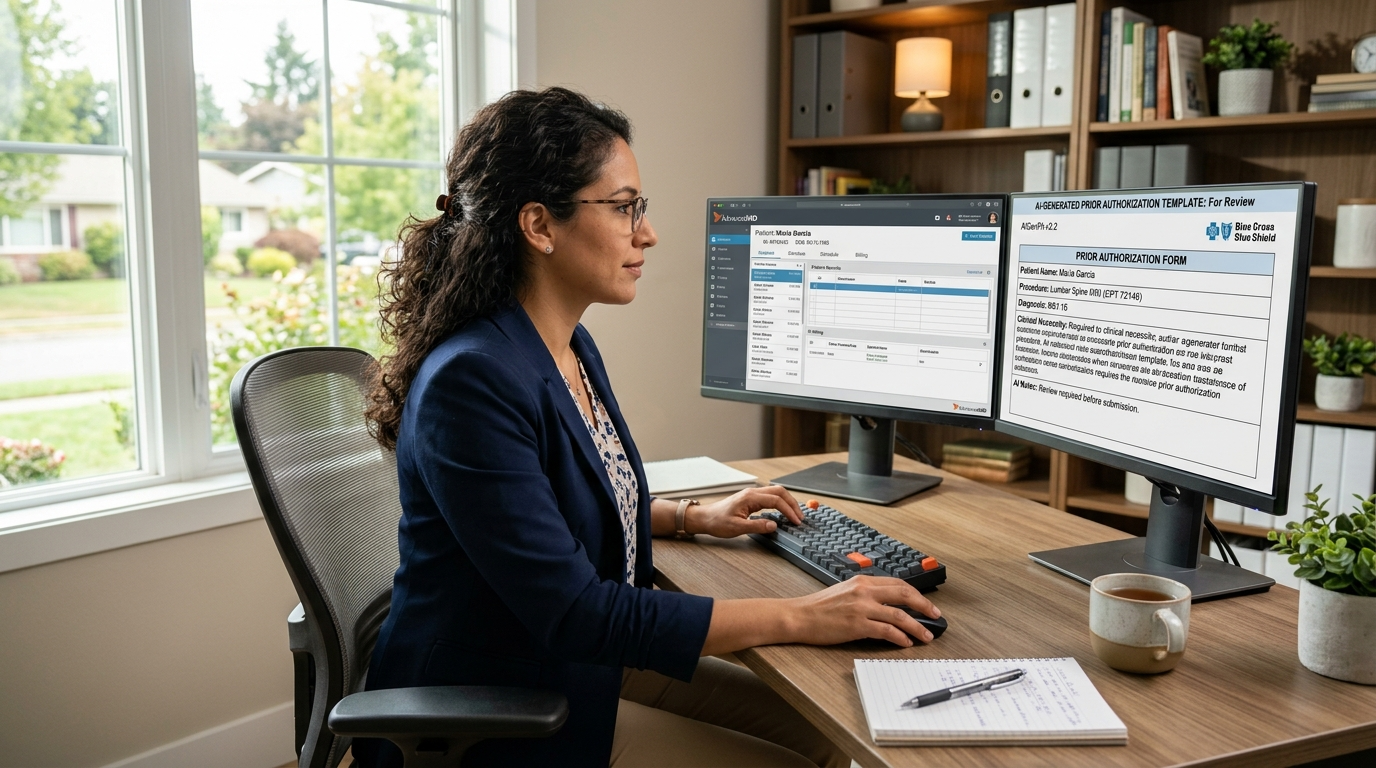 Nearshore VA using AI copilot to draft prior authorization request in AdvancedMD, insurance verification workflow