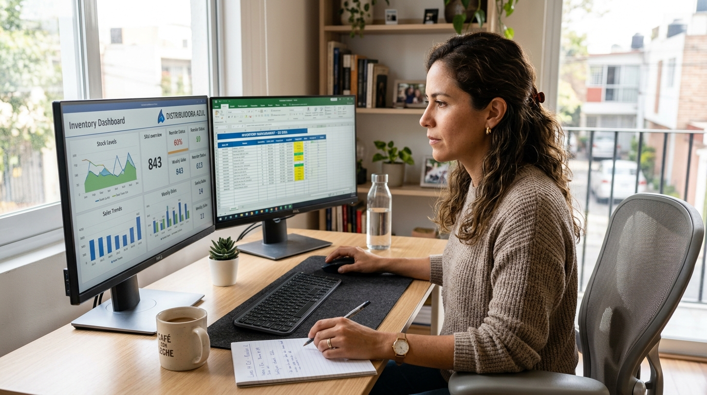 Nearshore Latin American VA managing ecommerce inventory on dual monitors, inventory management virtual assistant for ecommerce