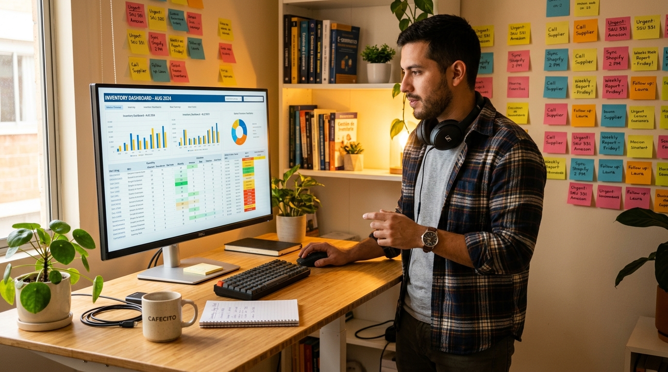 Nearshore ecommerce VA reviewing multi-channel inventory dashboard, inventory management virtual assistant for ecommerce