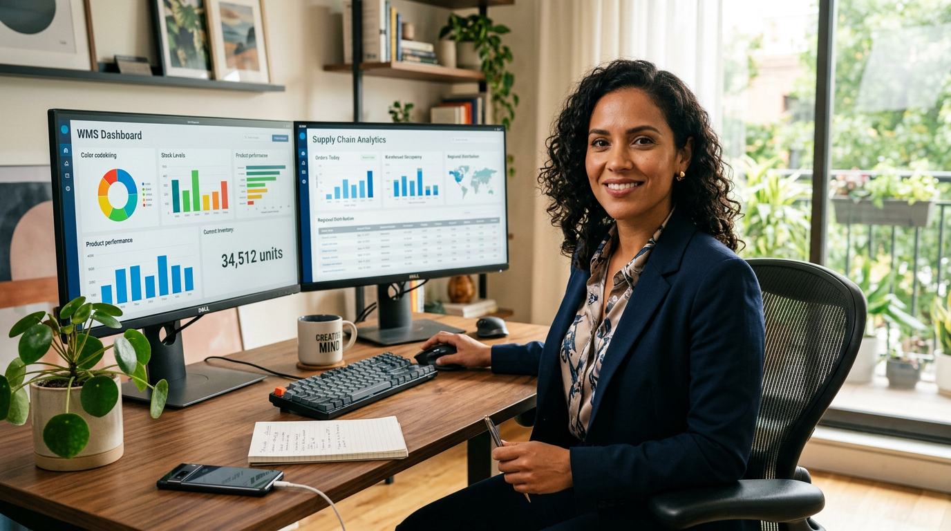 Nearshore inventory management virtual assistant reviewing stock dashboard on dual monitors at a modern Latin American home office