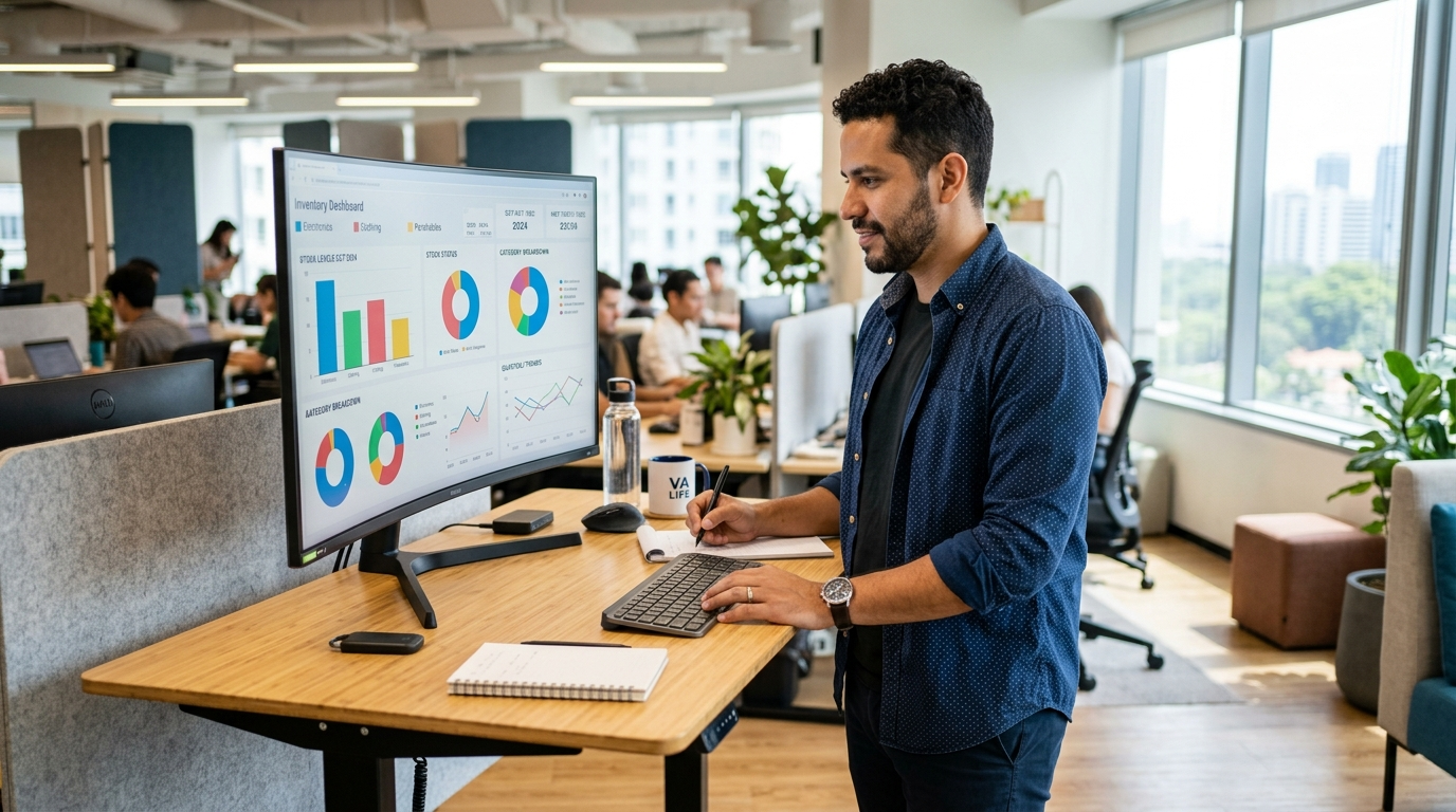 Nearshore inventory management virtual assistant analyzing SKU-level stock data and reorder reports on a large monitor