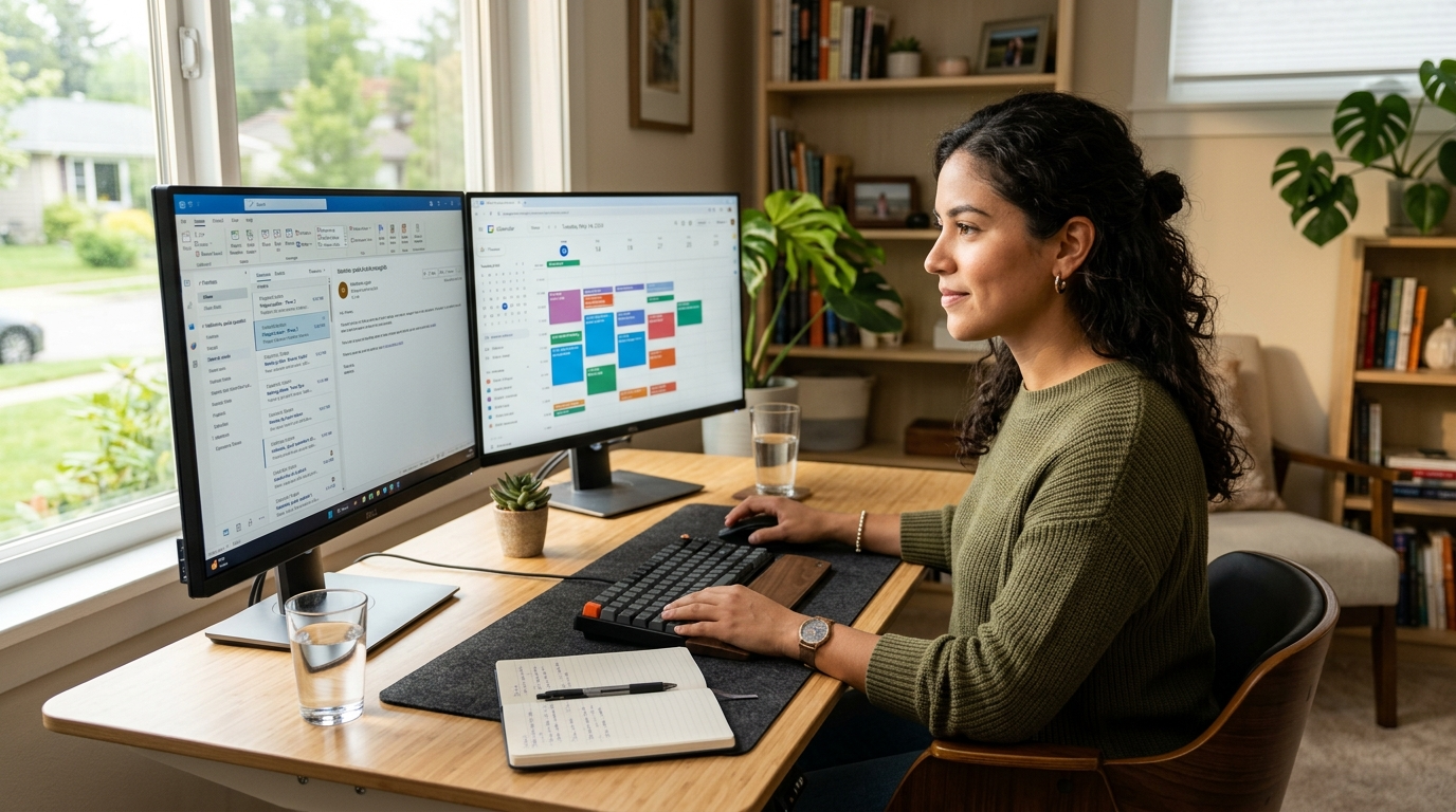 Nearshore virtual executive assistant working full-time for an Edinburgh business, managing email and calendar on dual monitors