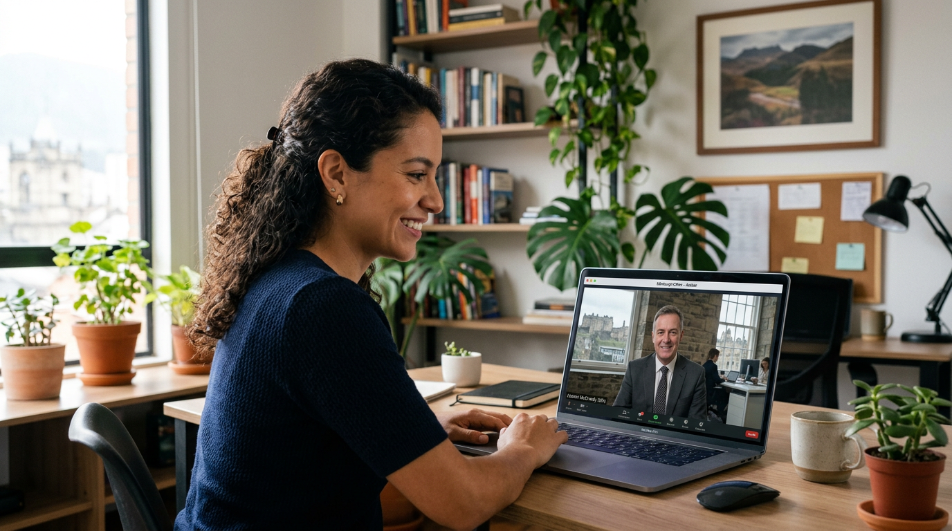Nearshore virtual executive assistant on a video call with an Edinburgh business owner, managing executive support remotely