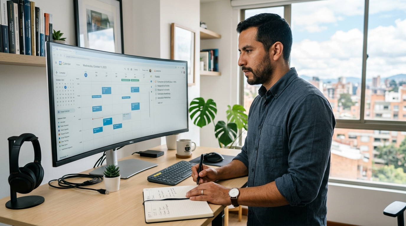 Virtual executive assistant reviewing calendar and task priorities for an Edinburgh client, nearshore remote work setup