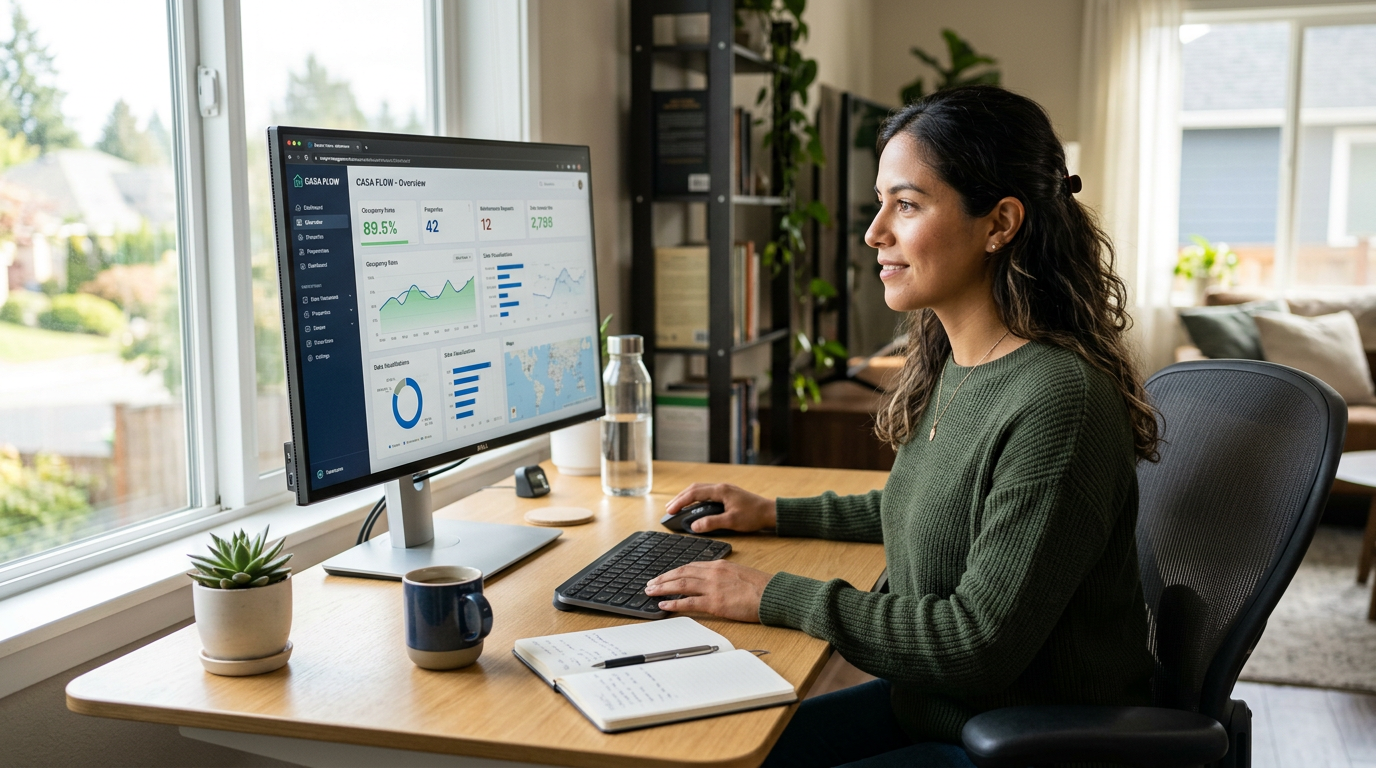 Latin American nearshore virtual assistant reviewing property management software at a well-lit home office desk in 2026
