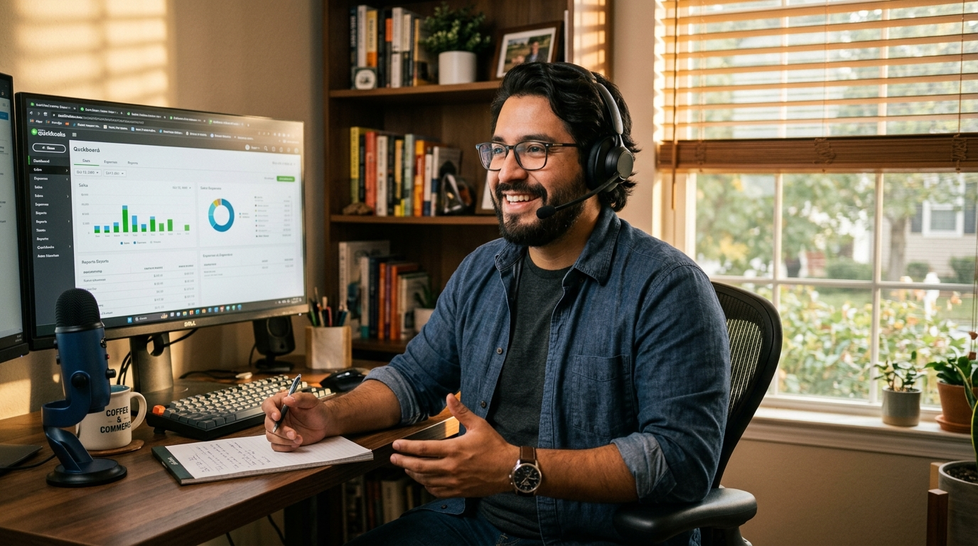 Nearshore virtual assistant handling a client call with QuickBooks open on screen, demonstrating safe and reliable remote staffing