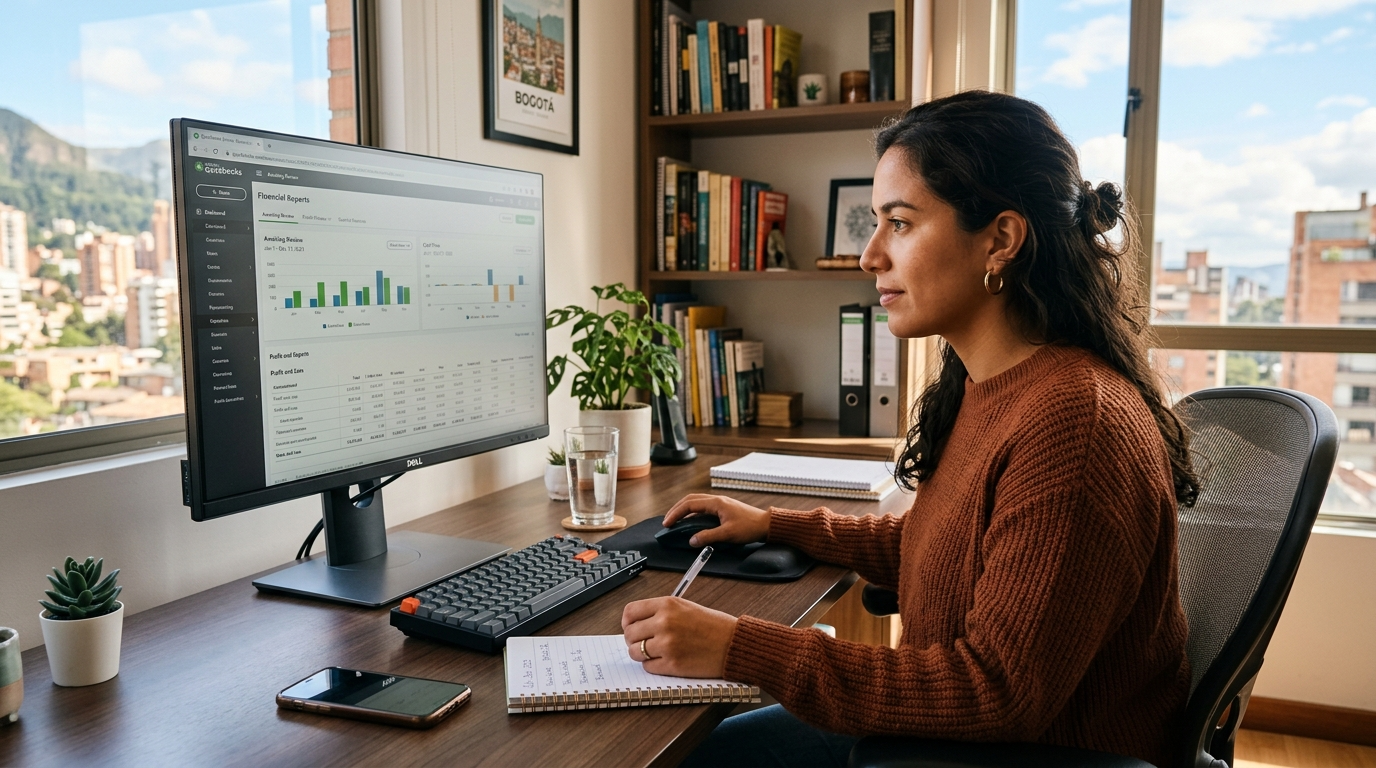 Latin American virtual bookkeeper reviewing QuickBooks Live bookkeeping cost reports on a monitor in a bright home office