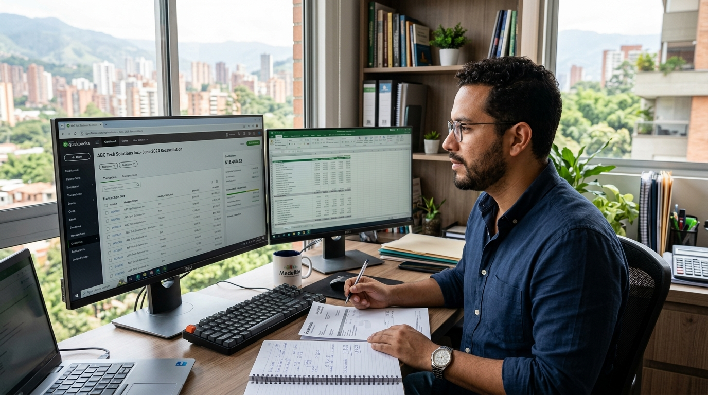Nearshore virtual bookkeeper reviewing QuickBooks Online reconciliation dashboard on dual monitors in a Latin American home office