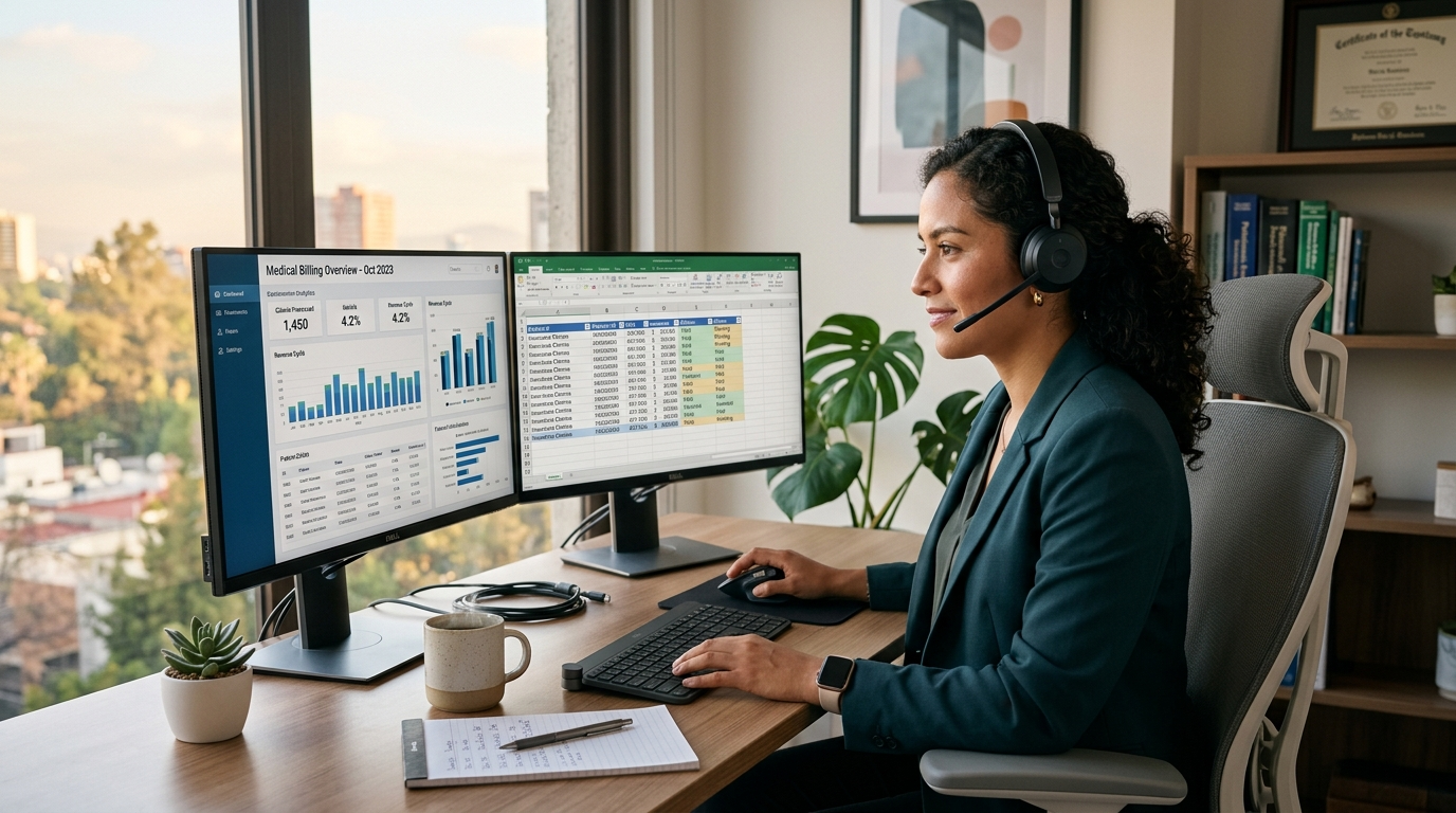 Nearshore Kareo virtual assistant for medical billing reviewing claims on dual monitors in a Latin American home office
