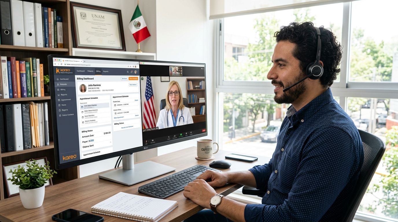 Kareo virtual assistant for medical billing on video call with US physician, billing dashboard visible on screen