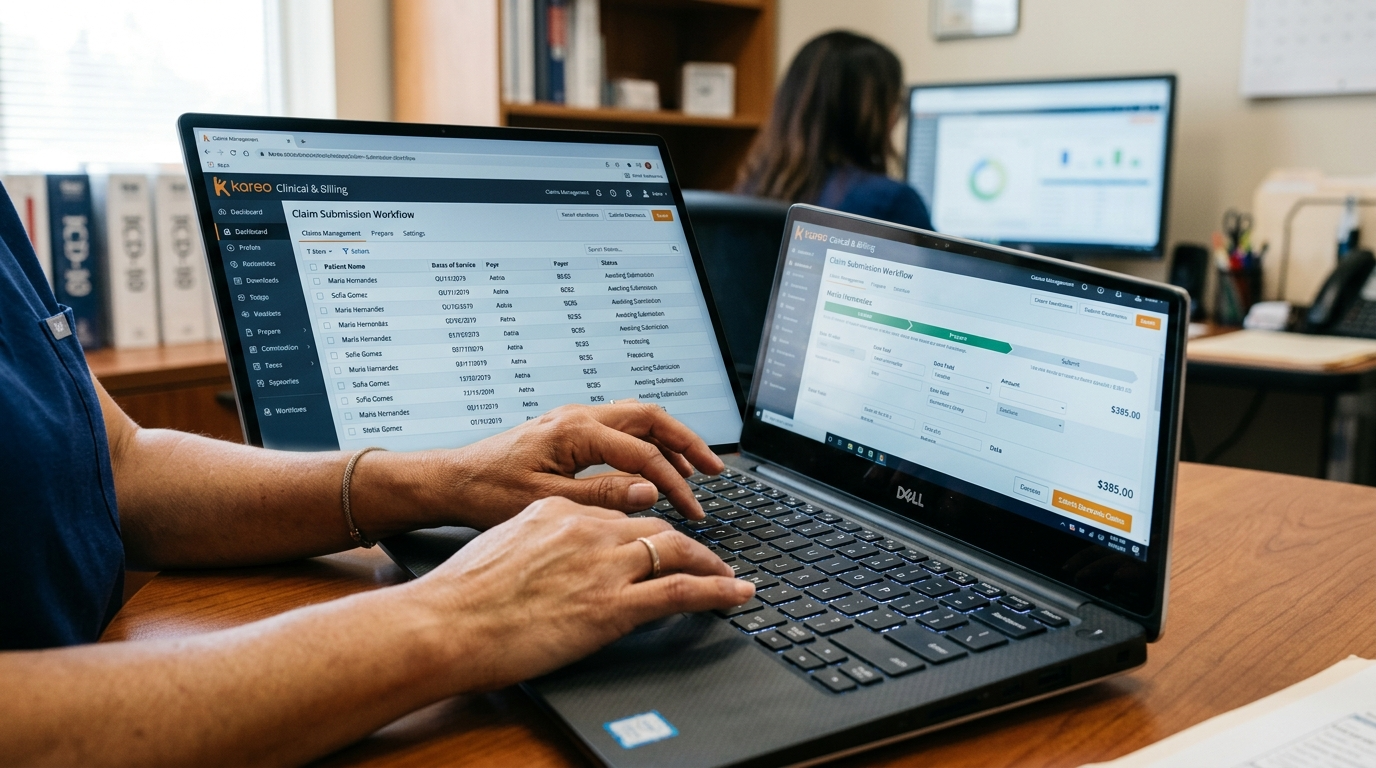 Nearshore Kareo medical billing virtual assistant submitting electronic claims inside the Kareo platform