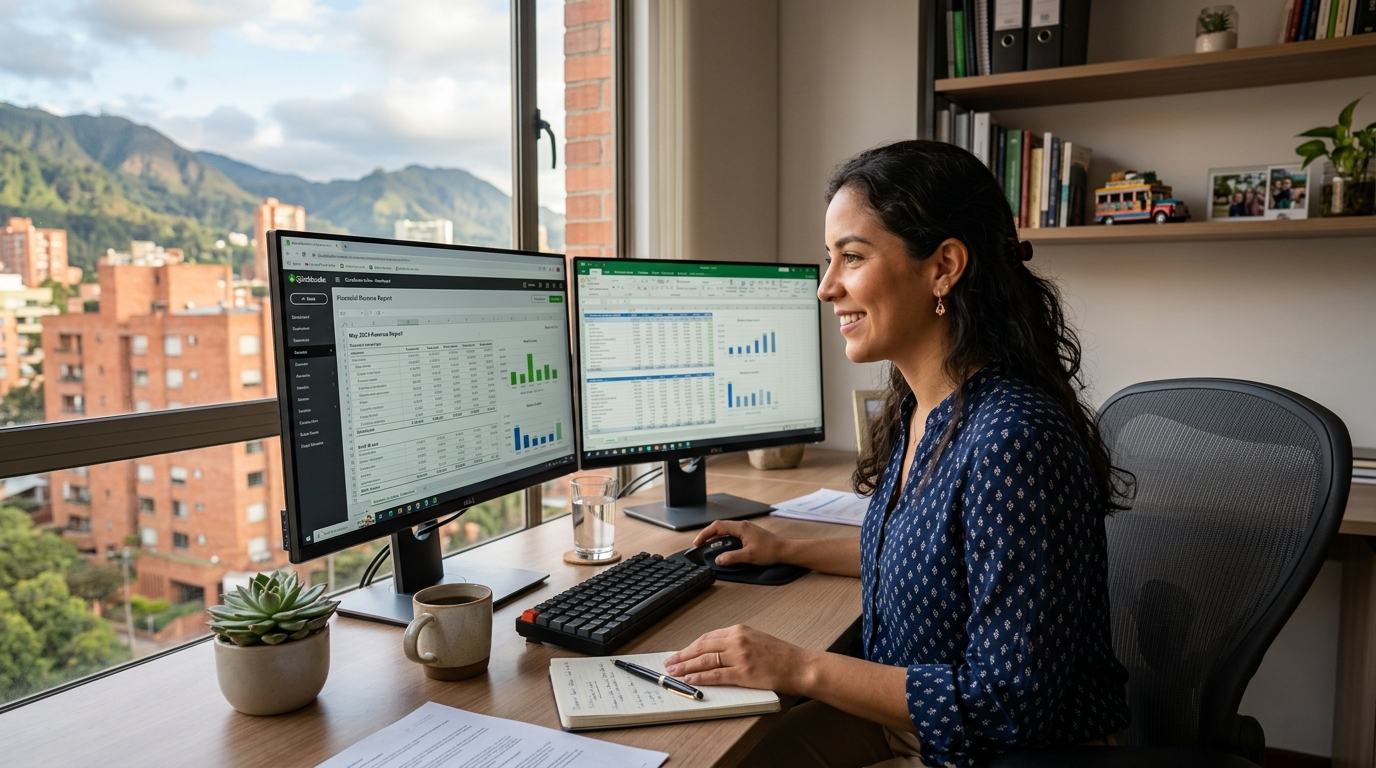 Latin American accountant staffing professional reviewing QuickBooks financial reports on a dual-monitor home office setup in 2026