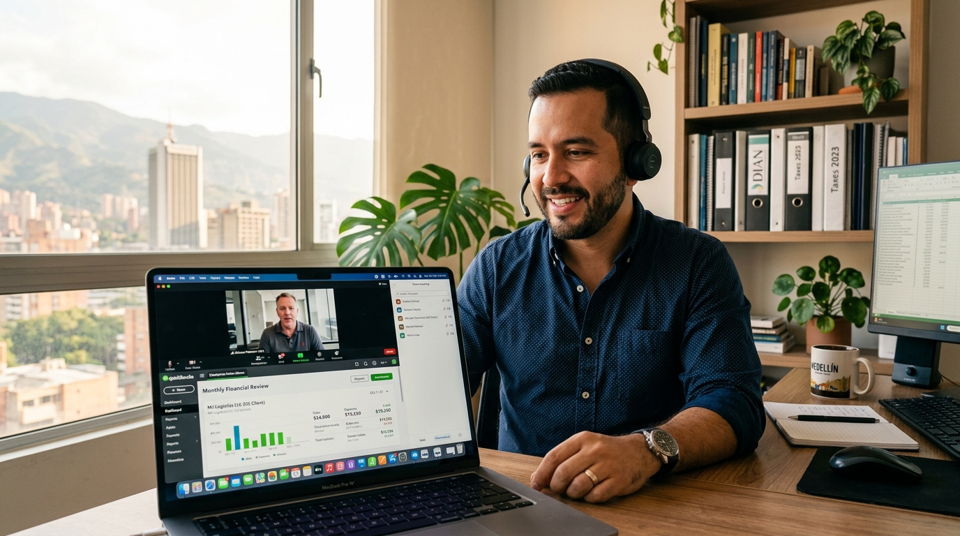 LATAM nearshore accountant on a video call reviewing QuickBooks data with a US business client, modern home office in Colombia