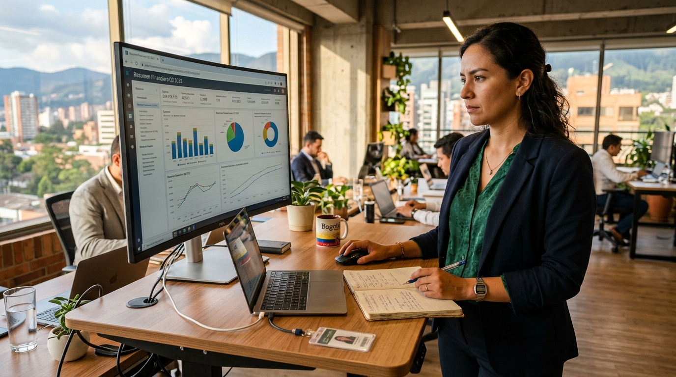 LATAM accountant staffing professional working at a modern Bogotá co-working space, reviewing financial dashboard for US client