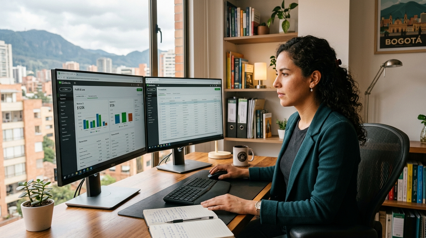 Latin American accountant reviewing LATAM outsourced accounting reports on QuickBooks in a modern home office, 2026