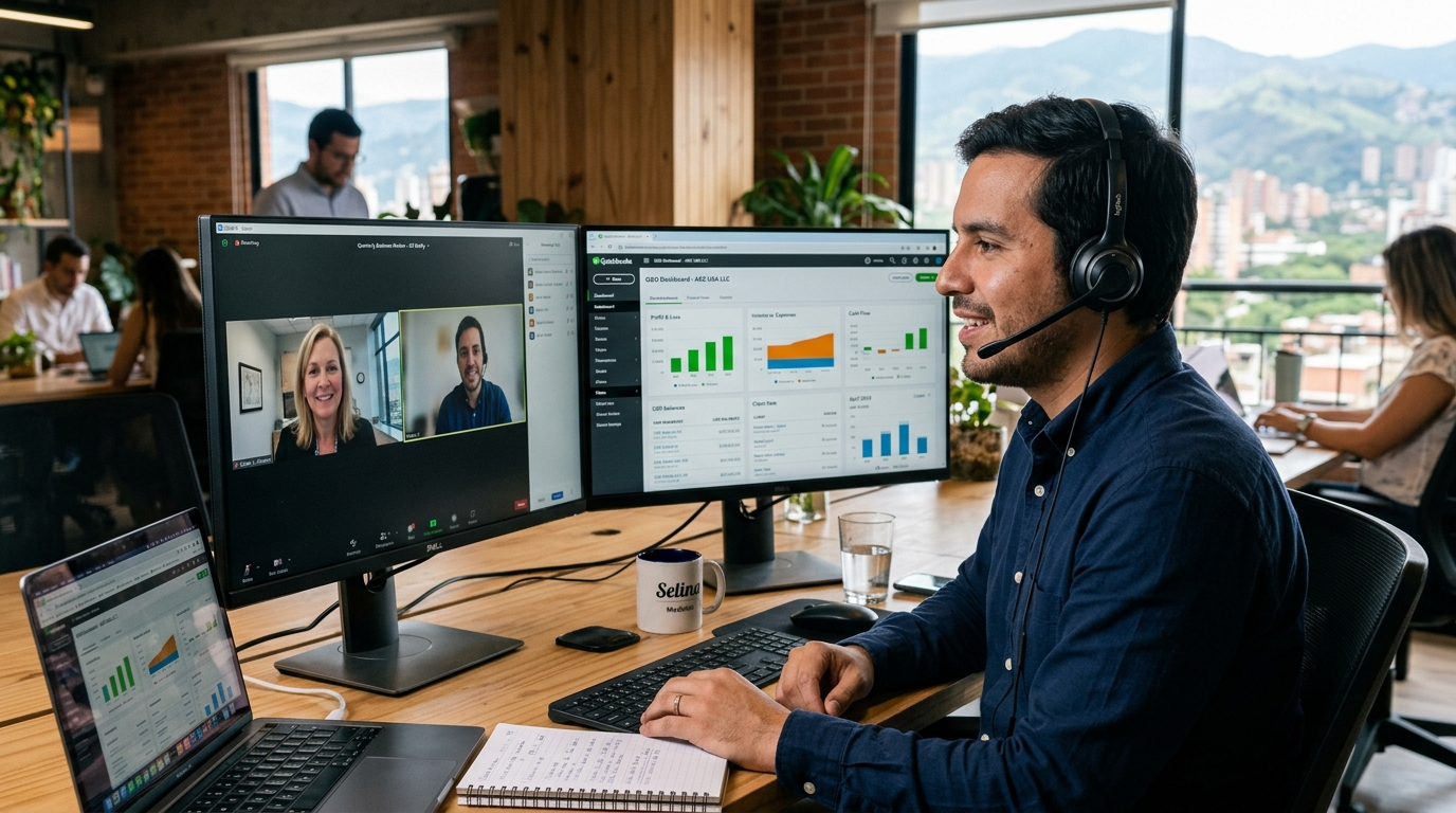 Nearshore LATAM outsourced accounting specialist on video call with US client, QuickBooks open on dual monitors
