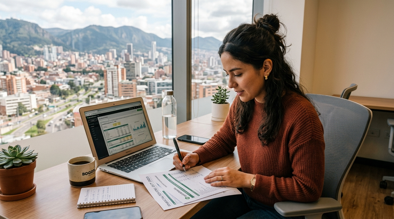 LATAM outsourced accounting specialist reviewing QuickBooks financial reports at a modern desk in Bogotá, 2026