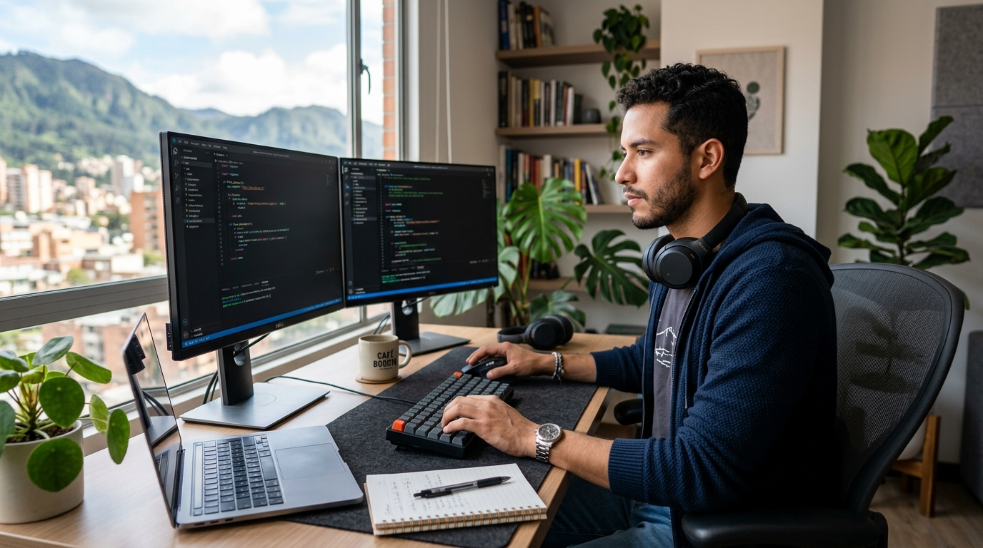 Latin American software developer at a dual-monitor home office setup — LatAm software developer staffing agency placement in 2026