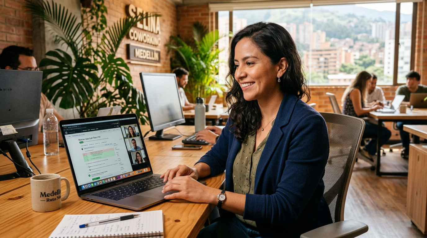 Latin American female developer reviewing a GitHub pull request during a nearshore team standup — LatAm software developer staffing