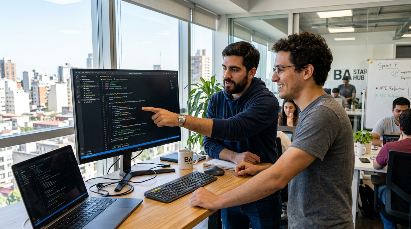 Two nearshore LatAm developers pair-programming in a Buenos Aires office — software developer staffing agency placement
