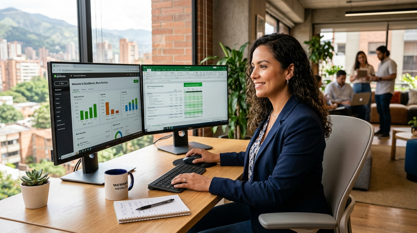 Latin America accountant staffing — nearshore accounting VA reviewing QuickBooks dashboard at a modern desk in a Latin American city