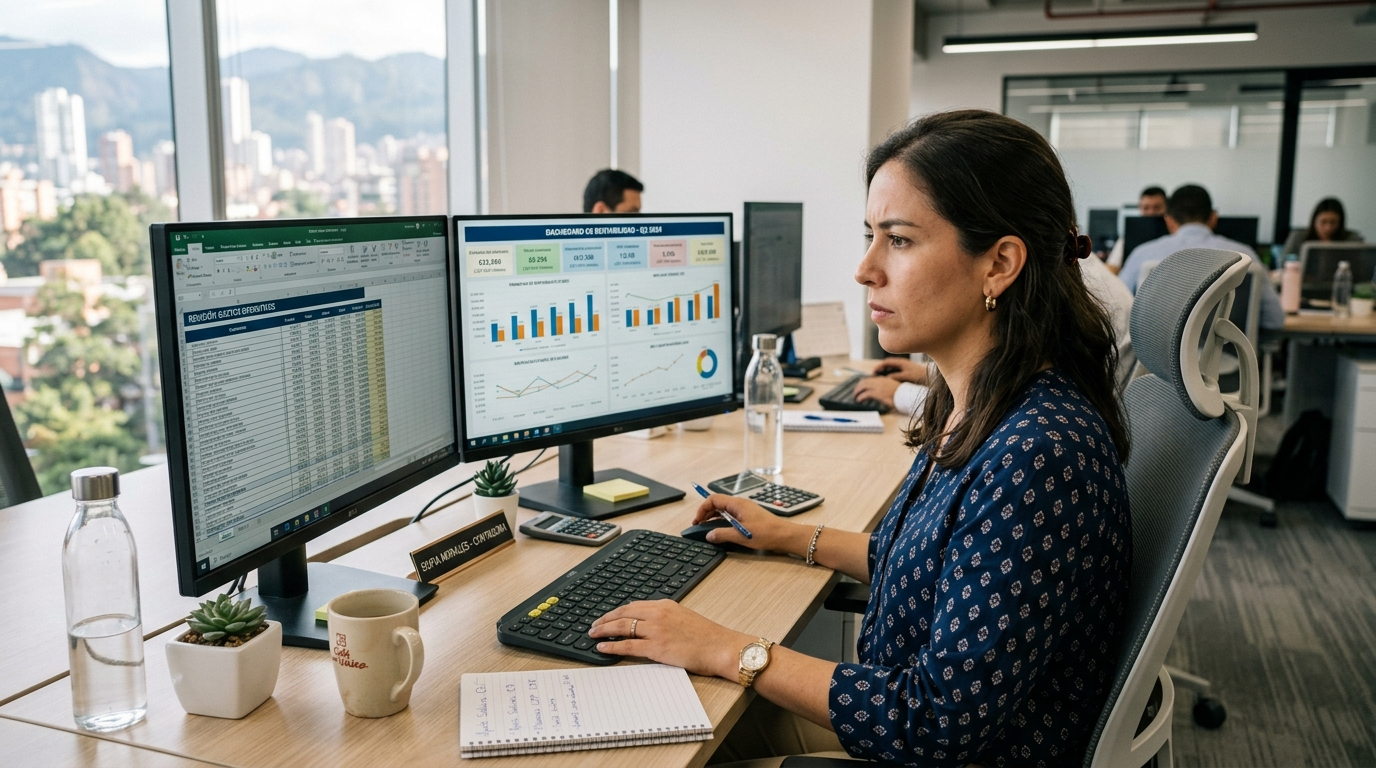 Latin America accountant staffing — nearshore accounting professional reviewing financial reports on dual monitors in a modern office