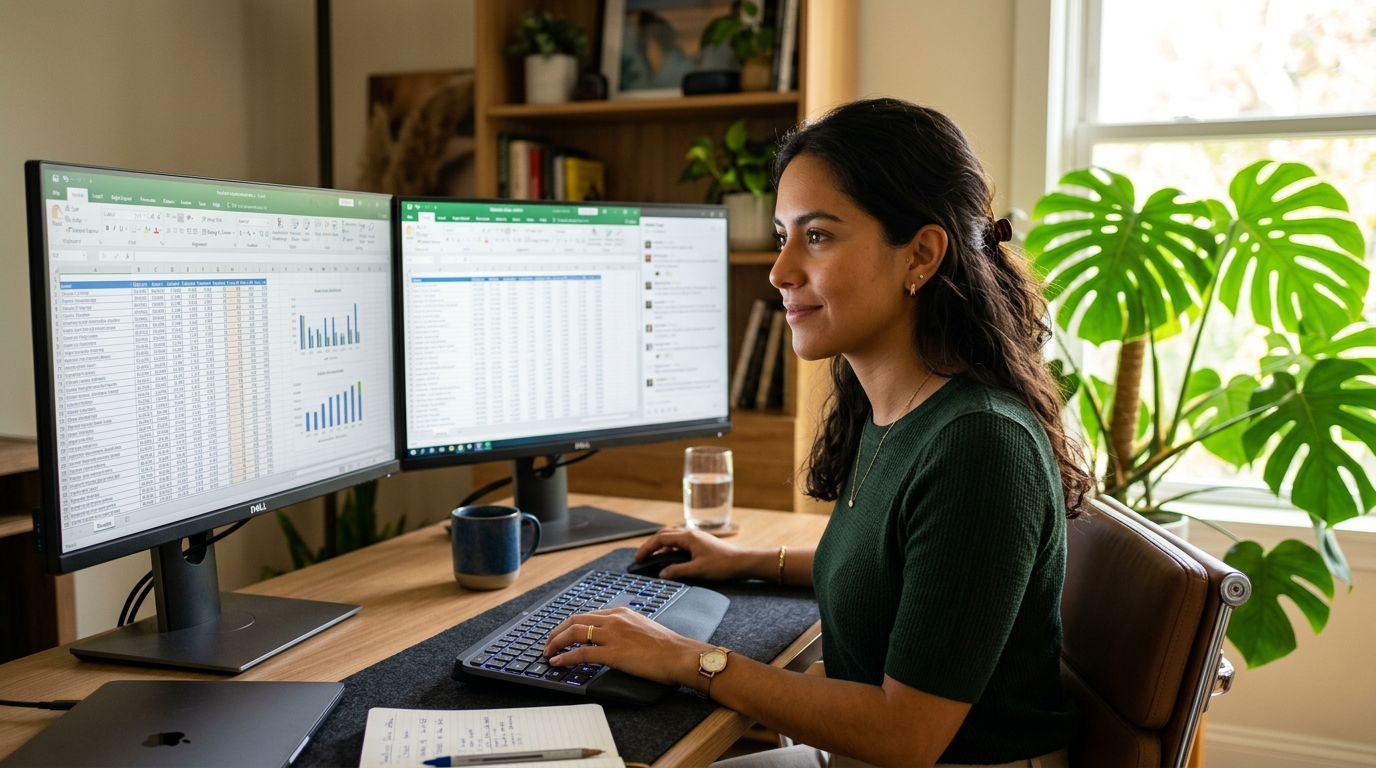Latin American virtual assistant at a modern desk, representing a top latin america recruiting firm placing nearshore staff for US businesses